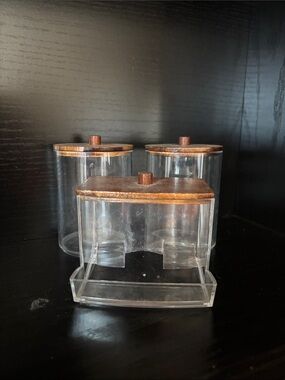 Amazon Clear Acrylic Makeup Organizer Set (3) with Brown Wood-Tone Lids